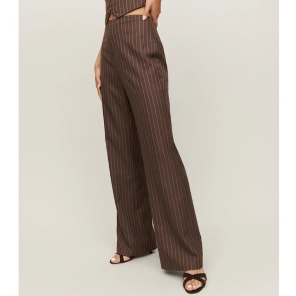 Reformation Cohen Wide Leg Wool Blend Striped Pants Brown Size 4 - Picture 3 of 7